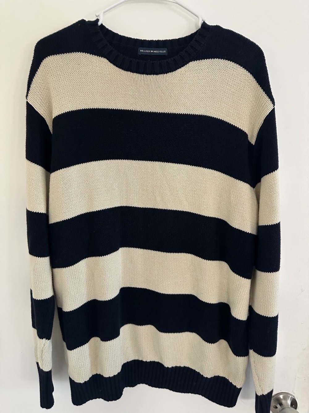 Brandy Melville Black and Cream Striped Crewneck